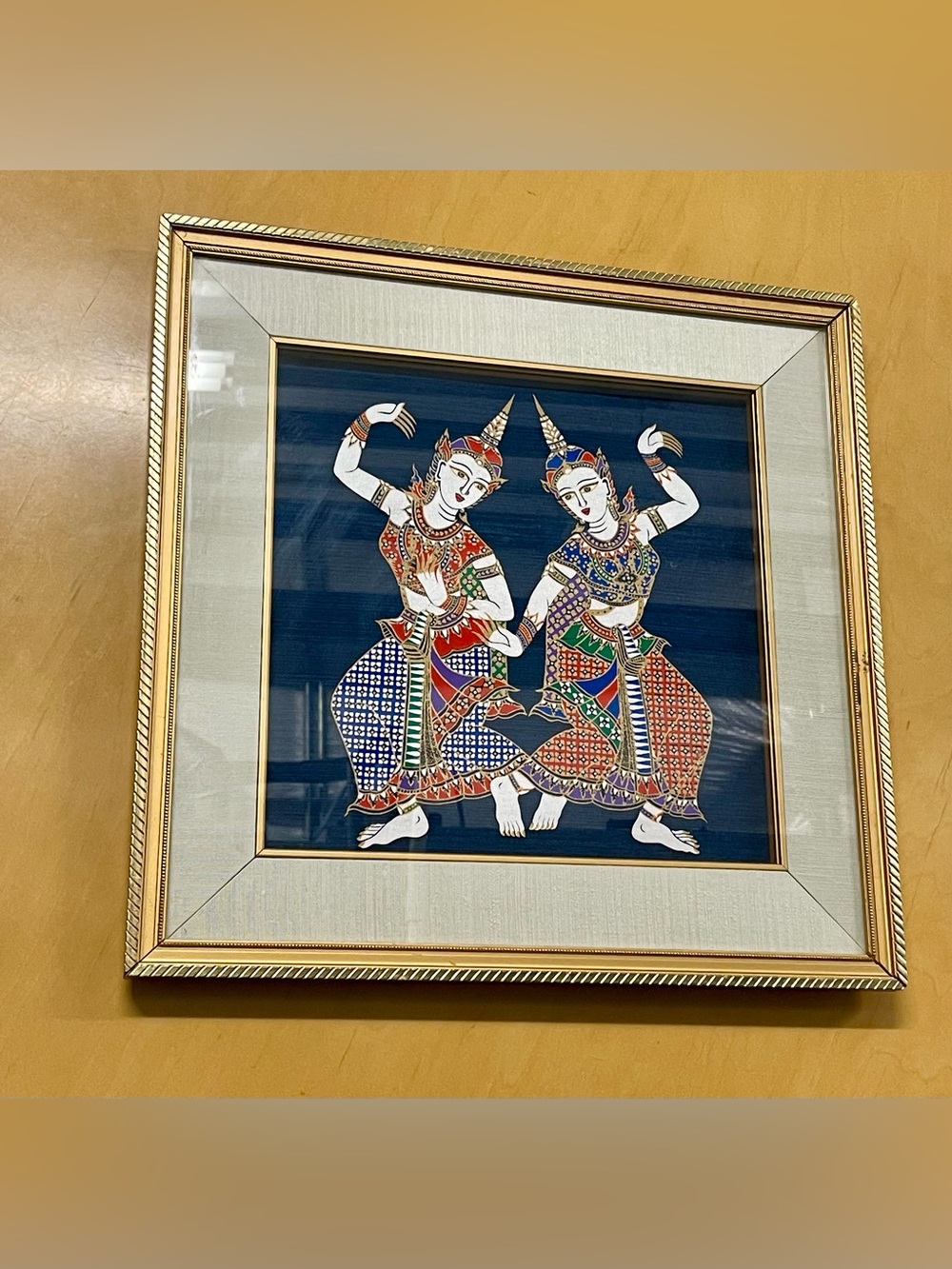 Vintage Thai Silk Screen Painting Framed 16x16 - Classical Kinnara Dancers